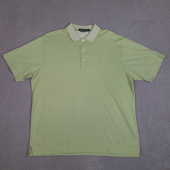 Nautica Polo Shirt Men's Large Green Striped Short Sleeve Golf Cotton‎ Blend - Picture 1 of 12